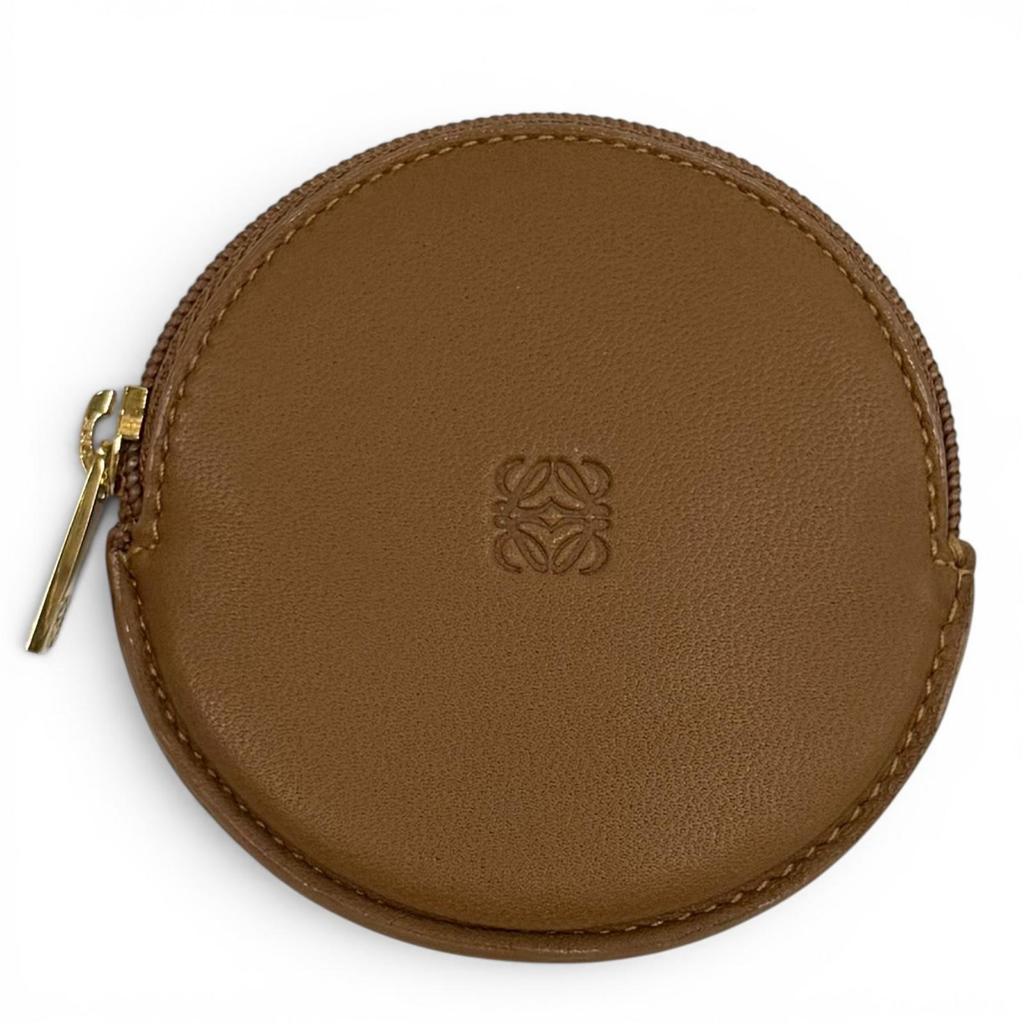 Excellent LOEWE Coin case Anagram Round Zip Leather Brown Sheepskin Leather Used