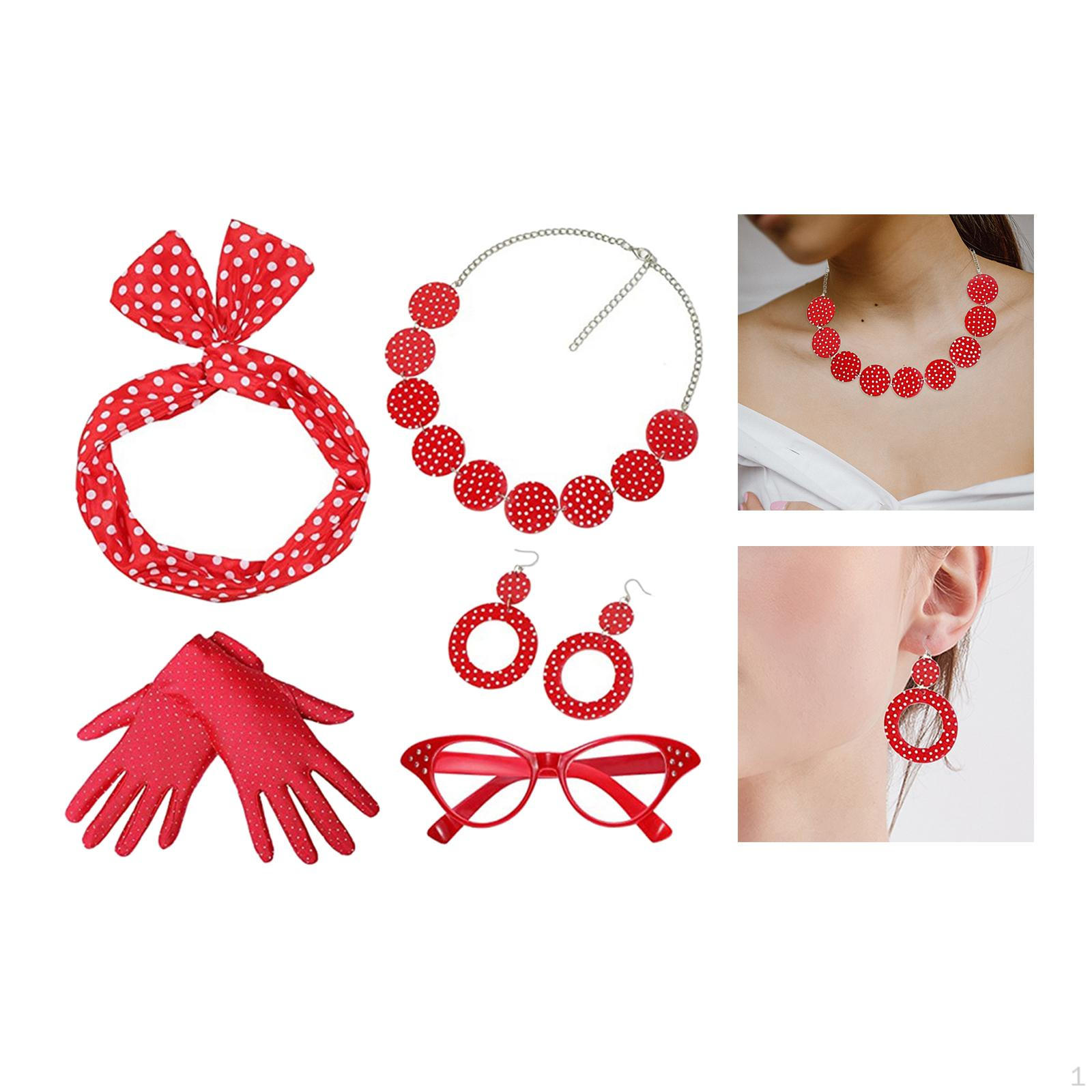 

5 Pack 1950S Womens Costume set Eye Glasses Hair Band Necklace Accessories 50S Earring for Halloween Red