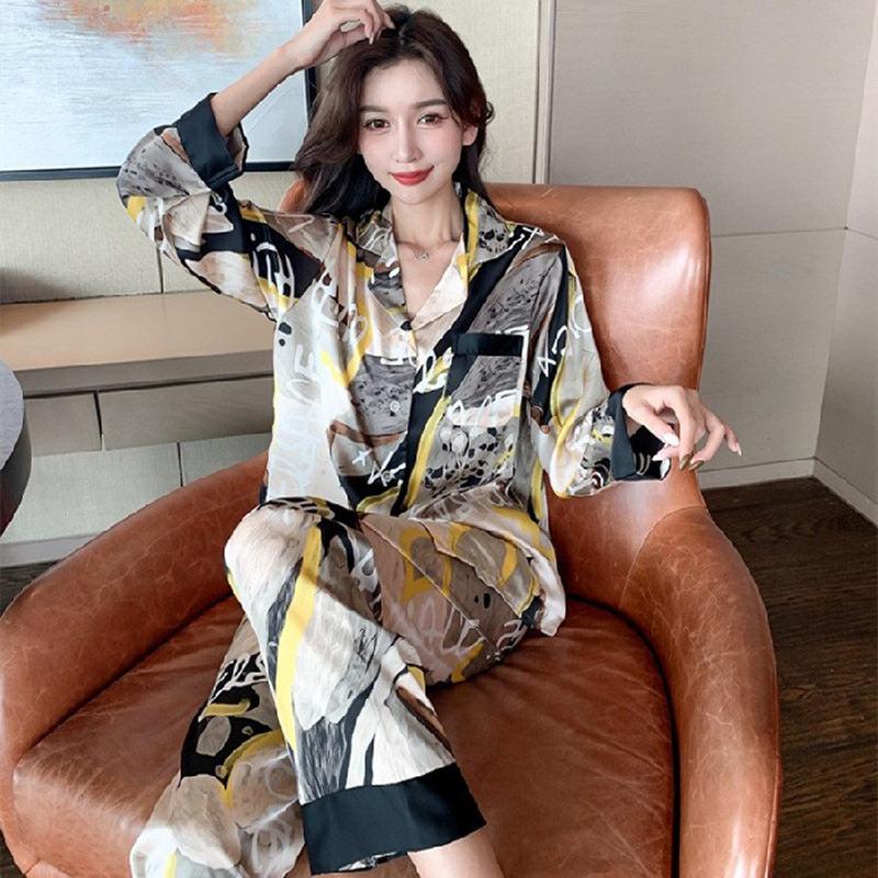 Women's Lingerie Pajamas Set Two-piece Silk Pajamas Long-sleeved Cardigan Trousers Printed Home Clothes Warm Season and Autumn Pajamas