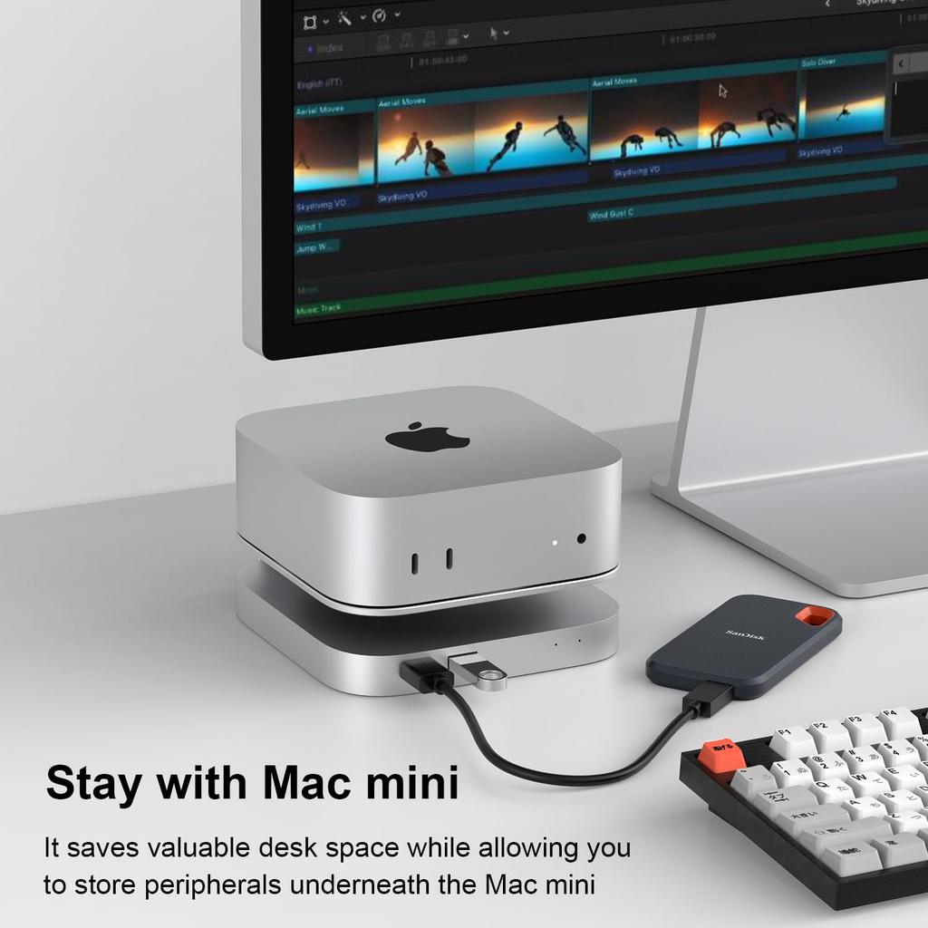 Qwiizlab 40Gbps Mac Mini Pro Stand Hub with USB4 NVMe SSD Enclosure Host 3 Audio PCIe Support Up To 8TB Thunderbolt Support M4/M4 USB-C USB-A 2.0