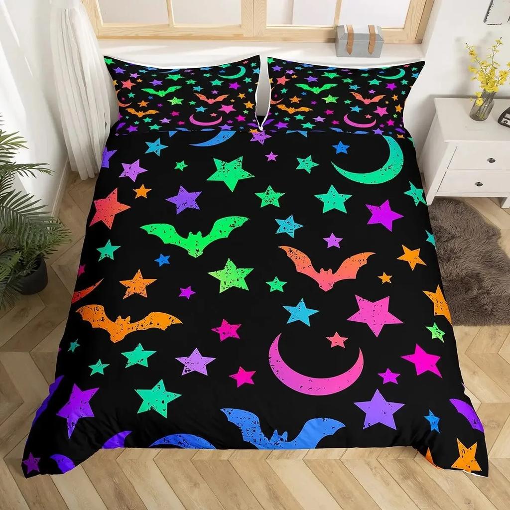 Halloween Duvet Cover Set Gothic Spooky Bedding Sets,Pumpkin Lantern Comforter Cover Horror Ghost Witch Hat Cat Bat Quilt Cover