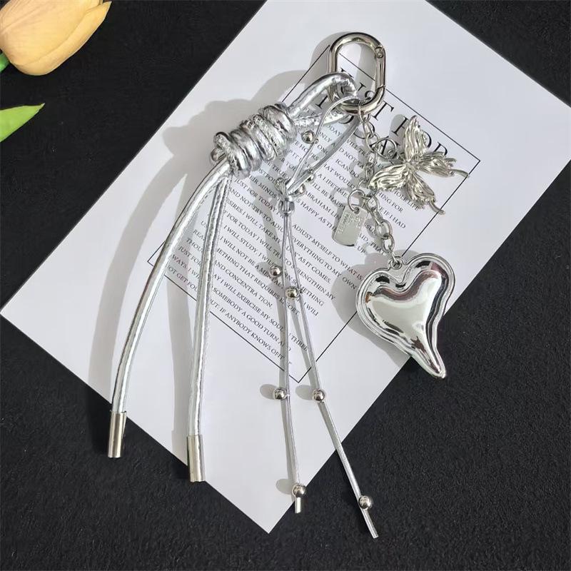 Miu Style Silver Heart Keychain with Bow and Woven Rope Bag Charm