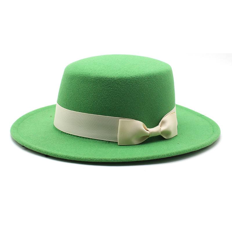 New style autumn and winter men's and women's flat-brimmed hats, fashion bows, flat-topped top hats, men's and women's woolen jazz hats