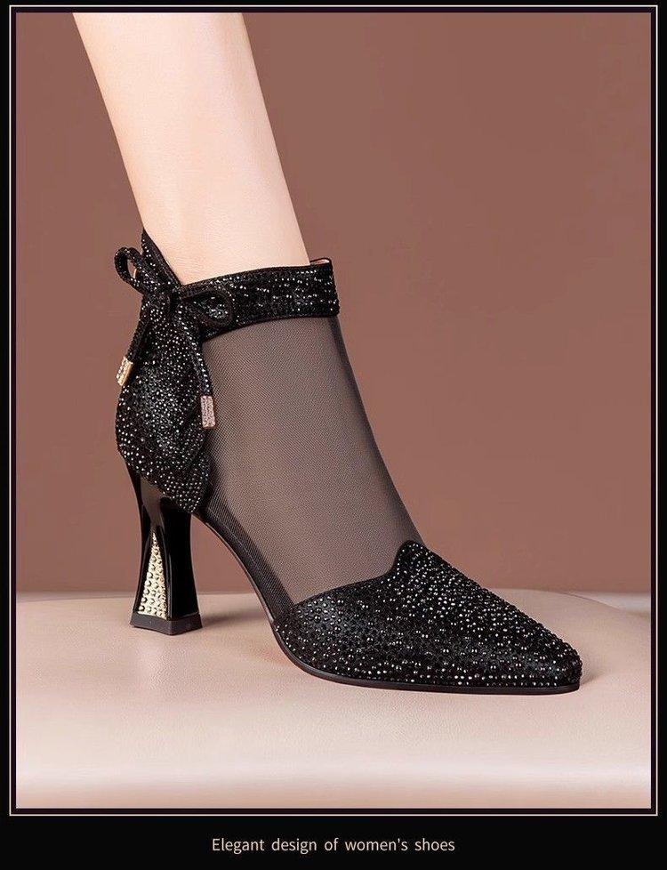 Soft Dough New Pointed High-heeled Cool Boots 2025 Summer Thick Heel Pointed Mesh Hollow Breathable Rhinestone Mesh Boots Women