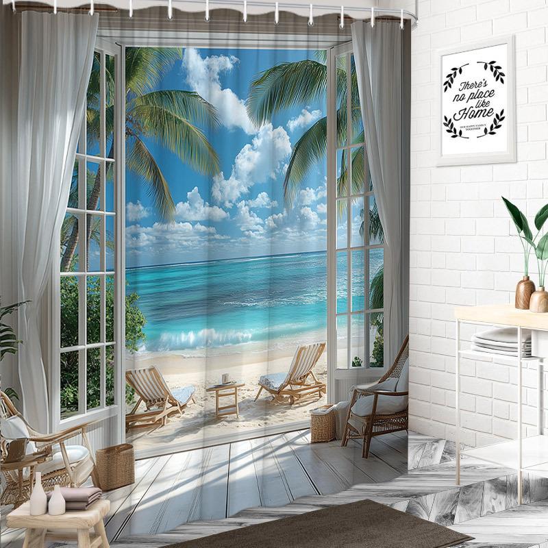 1 Stück Sommer Strand Duschvorhang, Ozean Mittelmeer Landschaft Strand Natur Landschaft Tropische Palmenpflanzen, Modern Für Zuhause