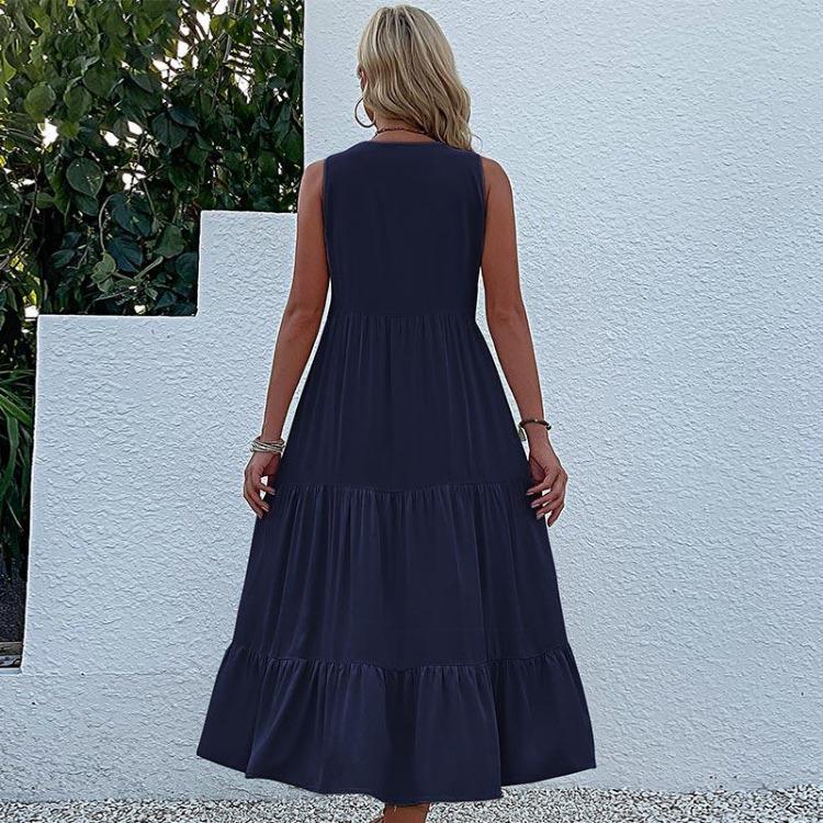 Summer Women Dress Sleeveless V Neck A-Line Knee-Length Solid Color