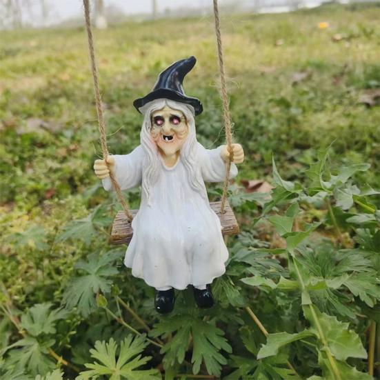 Halloween Swing Ghost Statue Resin Ghost Dog Witch on A Swing Figurine Outdoor Tree Hanging Ornament for Garden Patio Lawn Yard Decor