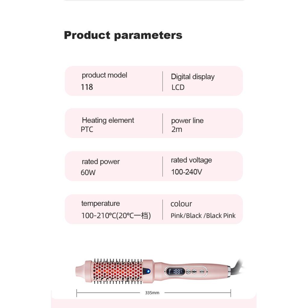 Infrared Ceramic Glaze Electric Hair Brush with LCD Display, Multi-temperature Setting for Bangs Inner Curl Fluffy Hairstyle