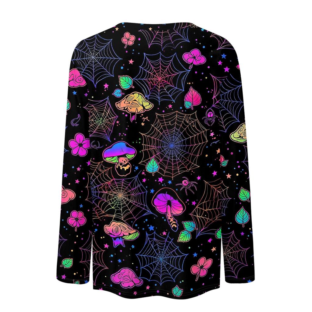 Women's Halloween Print Long Sleeve Neck Pullover T-Shirt for Fall