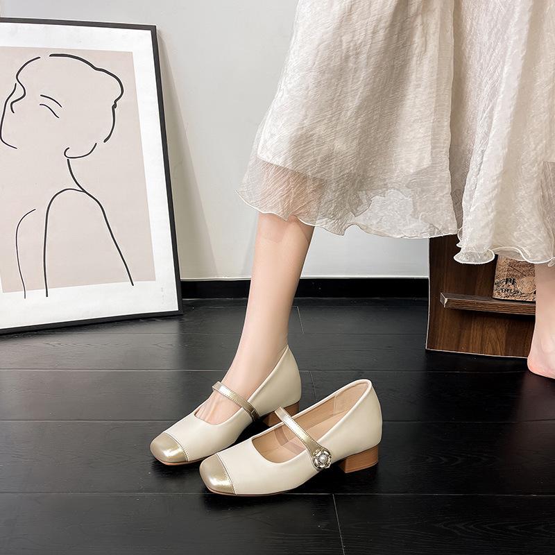 Gold Square Toe Mary Janes - Sheepskin, Hidden 6cm Heel, Size 32, Color Block, Soft Sole