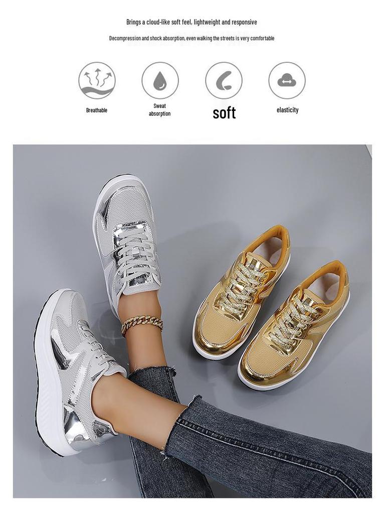 Women's Mesh Breathable Thick-Soled Dad Shoes, Height-Increasing Rocking Sneakers, Casual Sports Style, Available in Sizes 41-42.