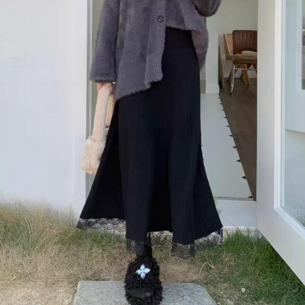 Korean-Style Women's Autumn Winter High Waist Slim-Fitting Knitted Midi Skirt with Lace Trim A-Line Versatile Knitted Skirt