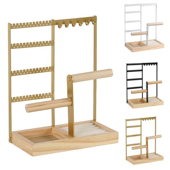 Multi-Tier Jewelry Organizer Stand with Wooden Tray Sturdy Structure Necklaces Earrings Bracelets Rings