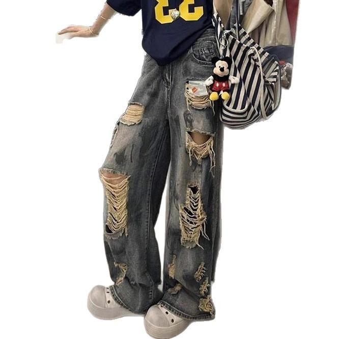 Scrap Earth Wind Splash Ink Broken Hole Jeans Female Autumn Big Yards Drape Straight Trailing Pants Retro Street Style Baggy Long Jeans for Ladies