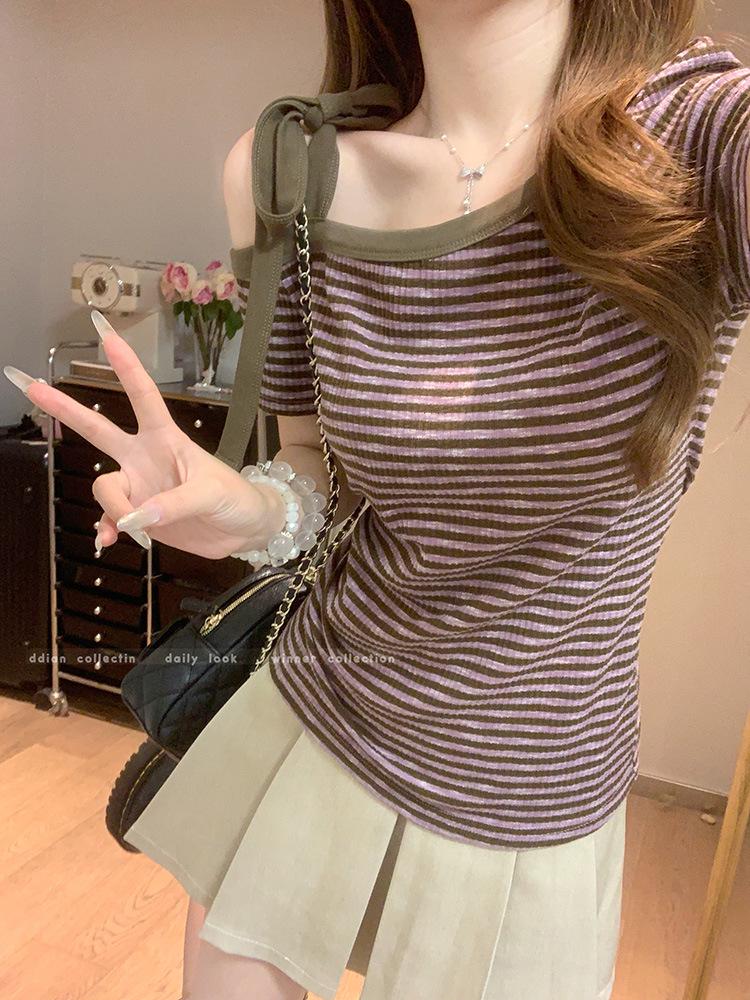 Summer Sweet & Spicy Striped Off-Shoulder Slim Fit T-Shirt for Women