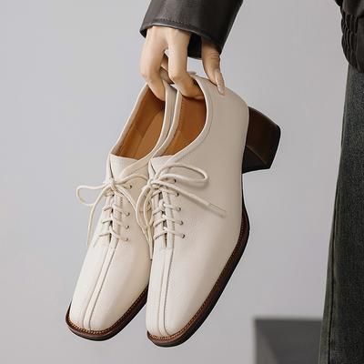 Moda Tacón Alto Puntera Cuadrada Zapatos de Salón de Mujer Cuero Genuino Conciso Oficina Señoras Casual Zapatos con Cordones Mujer 2024 Primavera Verano