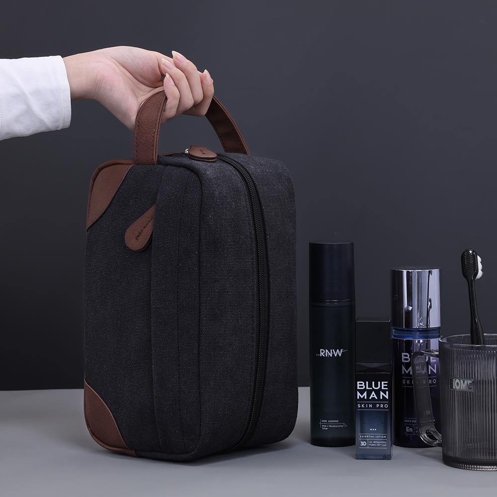Handing Toiletry PU Leather Canvas Men Wash Shaving Women Toiletry Storage Waterproof Makeup Travel Organizer Retro Cosmetic Bag