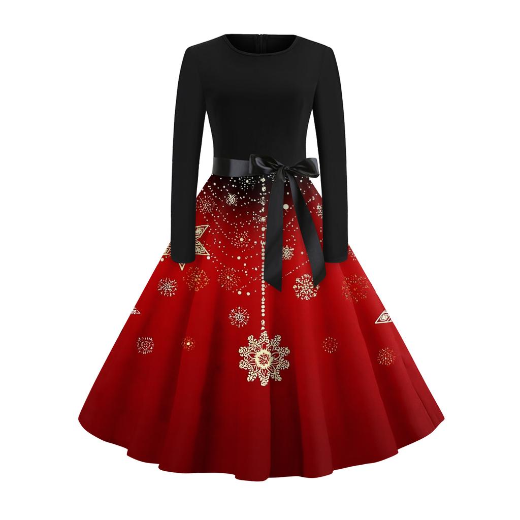 Damen Modisches Und Elegantes Herbst- Und Winter Langarm Rundhals Weihnachtsdruck Kleid