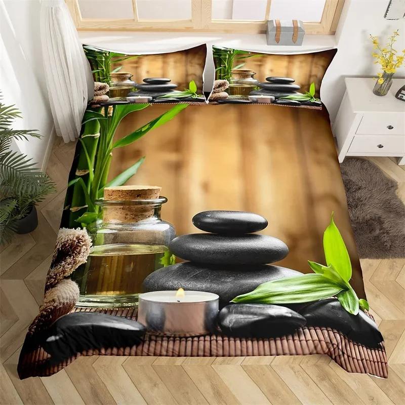 Meditation Duvet Cover Nature Green Bamboo Lotus Flower Bedding Set Circle Geometric Bedspread Cover Zen Spiritual Quilt Cover