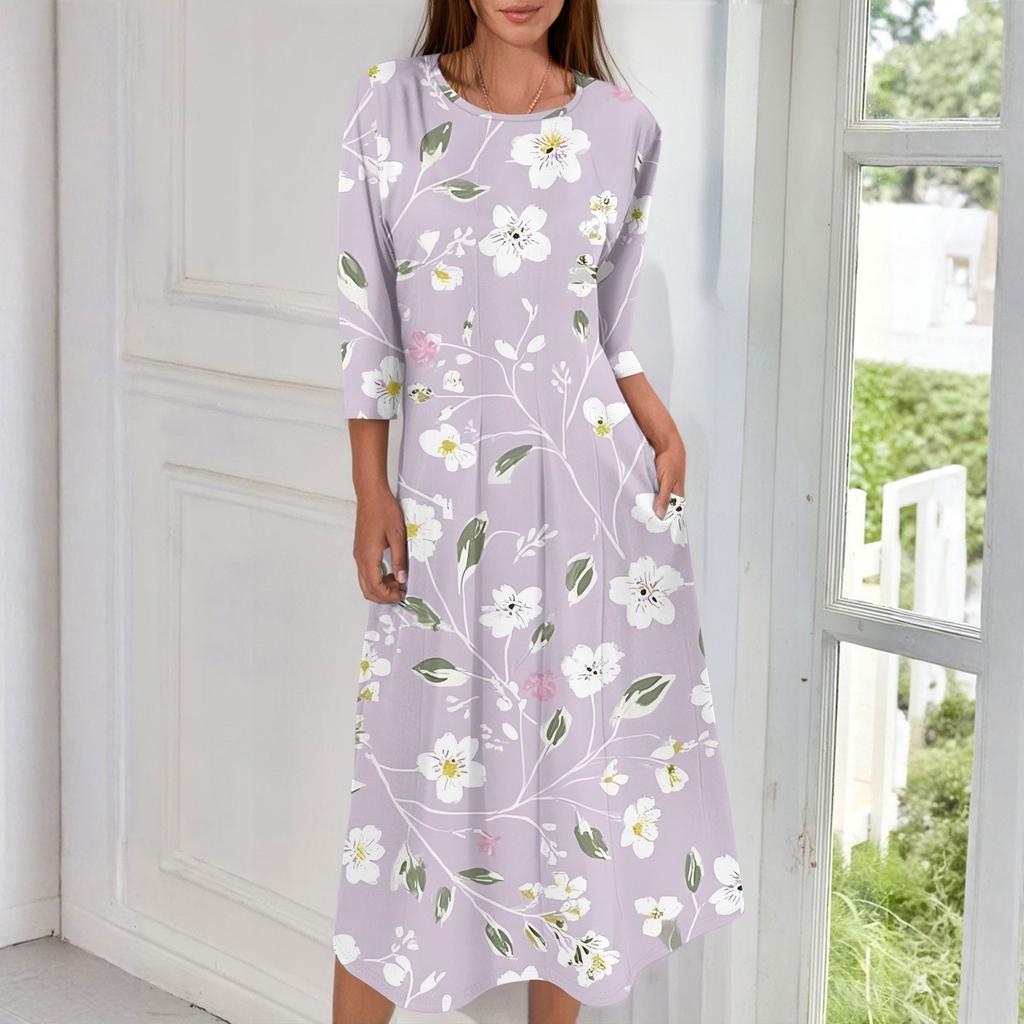 Rochie midi casual de damă la modă, cu gât rotund și mâneci trei sferturi