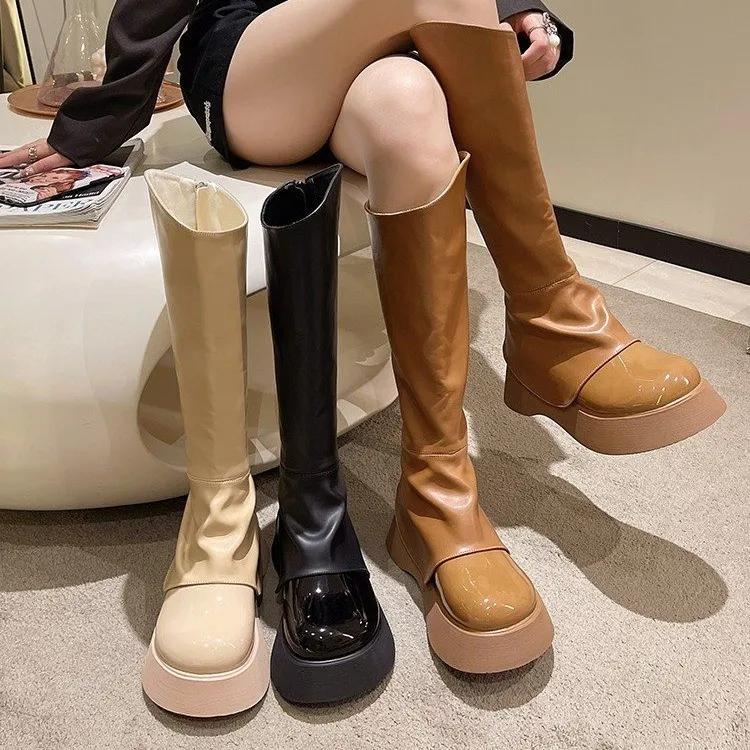 Womens Round Toe Platform Knee Thigh Boots Chunky High Heel Wide Tube Pull On Shoes Retro Chelsea Western New  Winter
