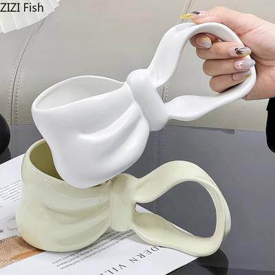 Creative Bowknot Shape Ceramic Mug Bowknot Handle Coffee Cup Dining Table Milk Mugs Afternoon Tea Teacup Fruit Juice Container