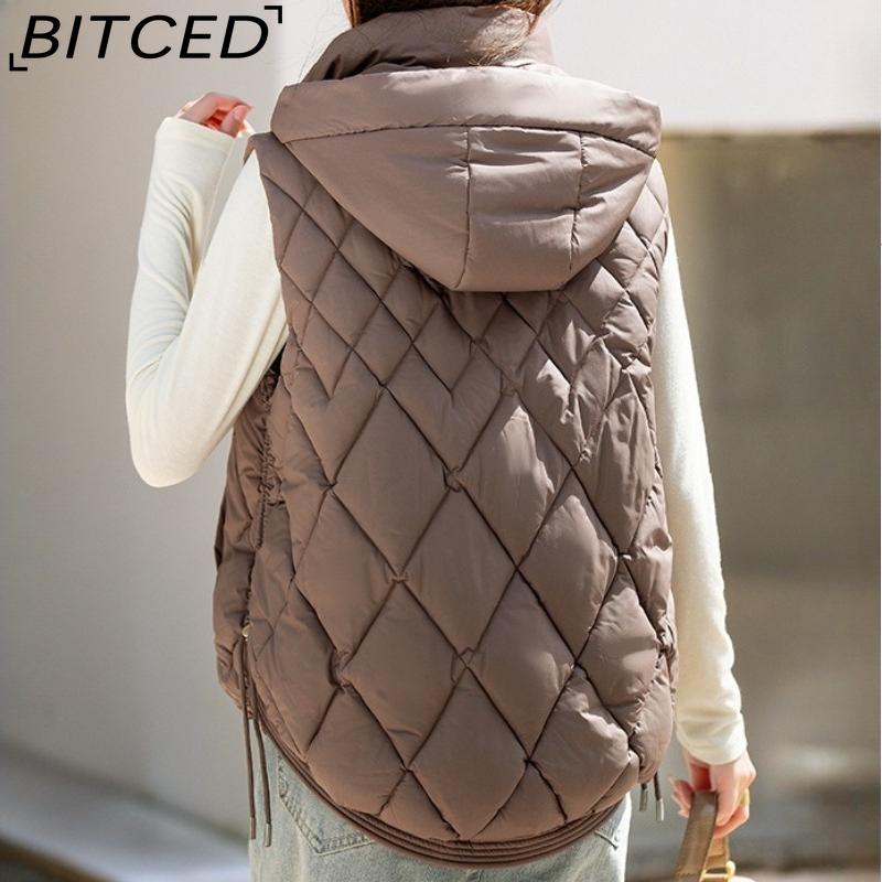 BITCED Women's Autumn/Winter Quilted Down Vest - Elegant Hooded Cotton Jacket, Short-Sleeved Waistcoat, Diamond-Quilted Vest