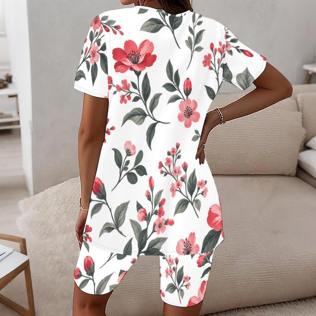 Women Plus Size Round Neck Short Sleeve Floral Printed White Longline Top And Fitted Shorts Set
