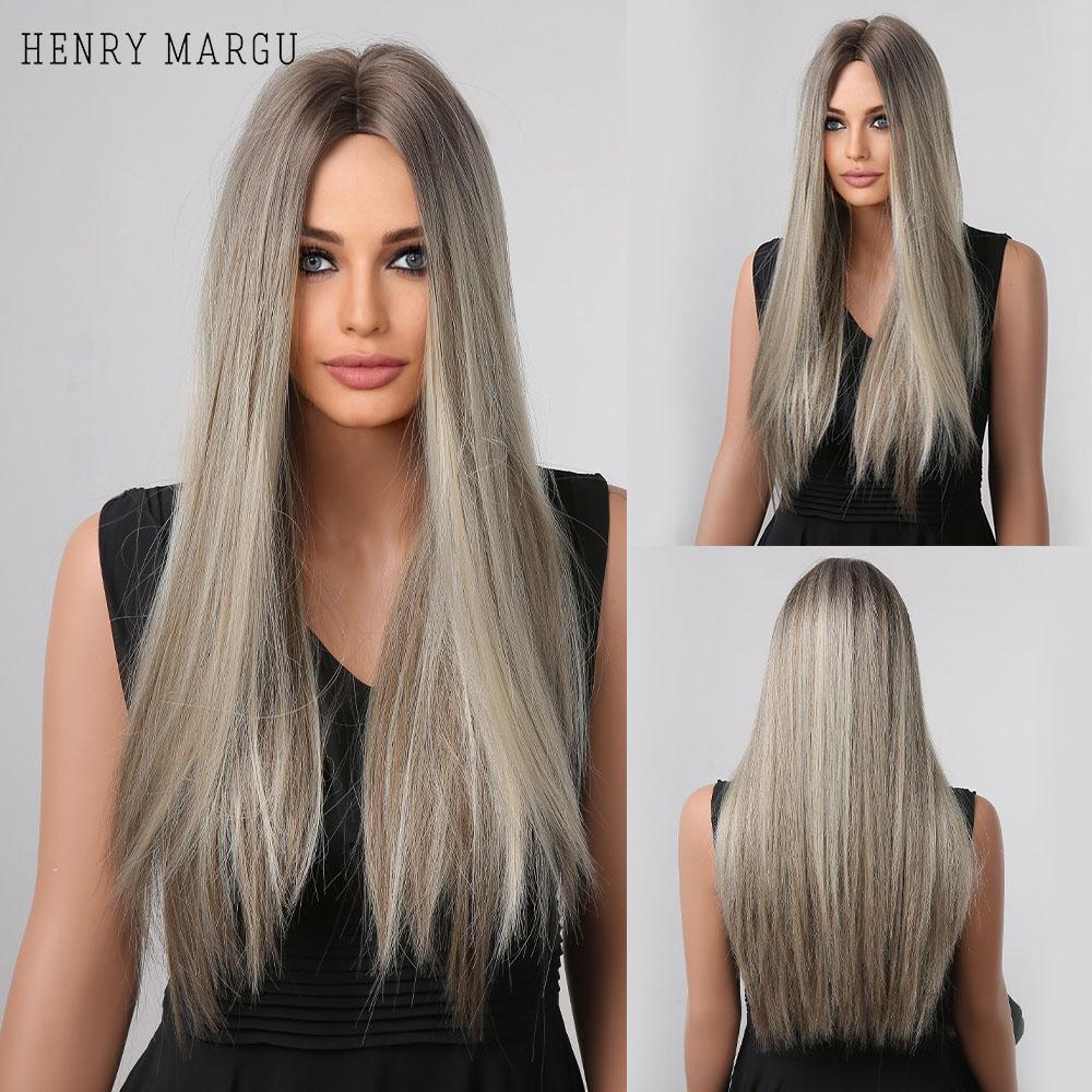 HENRY MARGU Ombre Dark Black Brown Synthetic Wigs with Bangs Layered Hair Wig for Black Women Party Cospaly Heat Resistant