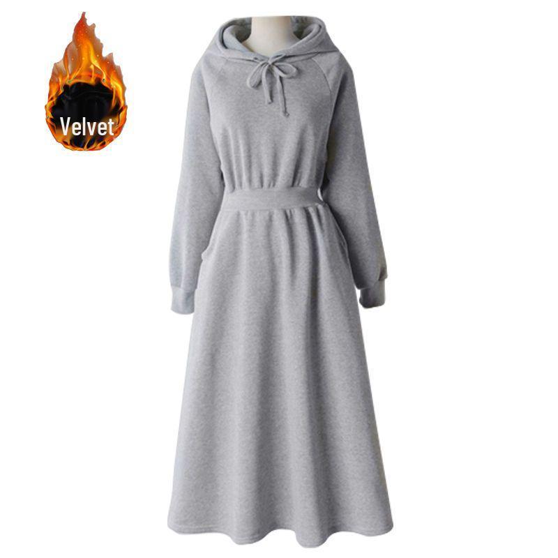 Autumn & Winter Plus Velvet Hoodie Dress: Ankle-Length, Waist-Cinched, Plus Size, Slimming Fit for Super Fairy Students