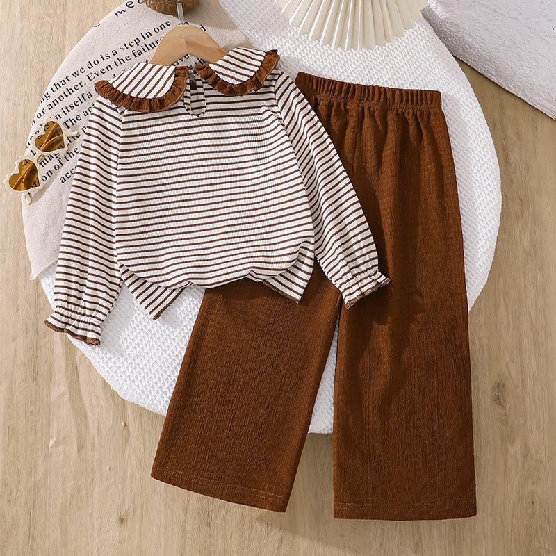 Girls' Outfit Children's Clothing 2025 Autumn New Cute Doll Collar Long Sleeve Striped Top Long Pants 2-Piece Set