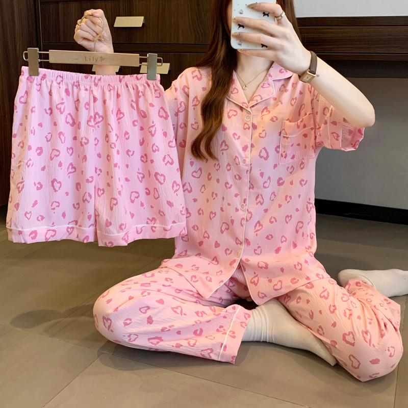 Korean Cloud Cotton Pajamas Women'S Summer Pink Love Leopard Print Short-Sleeved Loungewear Three-Piece Set