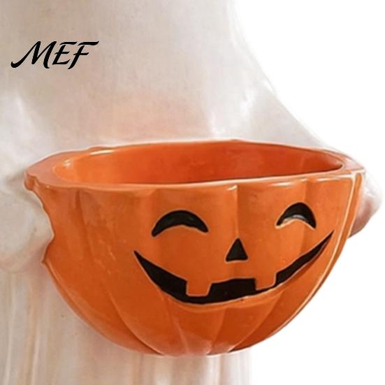 Spooky Season Entryway Accents Resin Ghost Statue with Pumpkin Candy Bowl, Cute Figurine, Trick Fall Harvest Home Decor or Treat Holder for