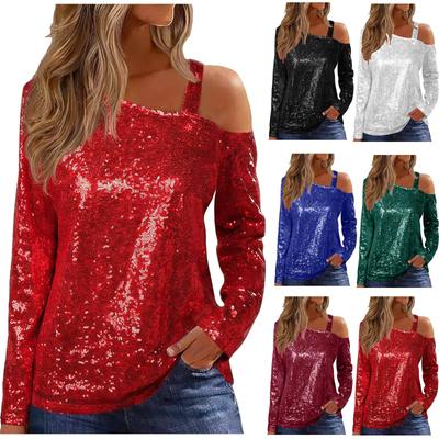 Women's Fashion Color Slanted Shoulder Strap Long Sleeve Glitter Hooded T,shirt Top