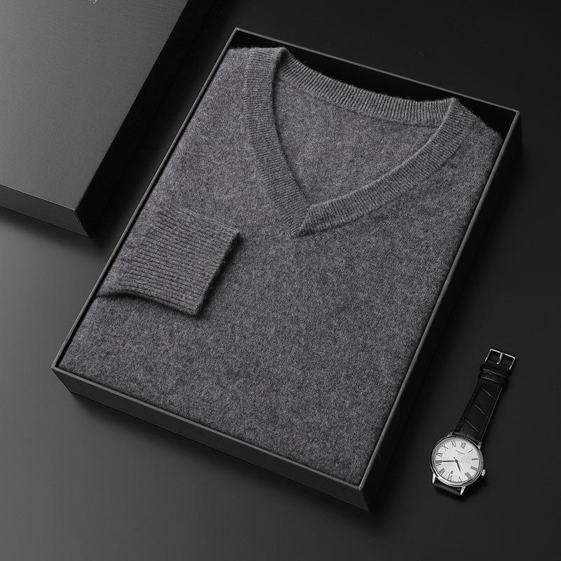 

Мужской кашемировый свитер с V-образным вырезом, большого размера, с длинным рукавом, однотонный, шерстяной вязки, коллекция осень/зима 2023. XL