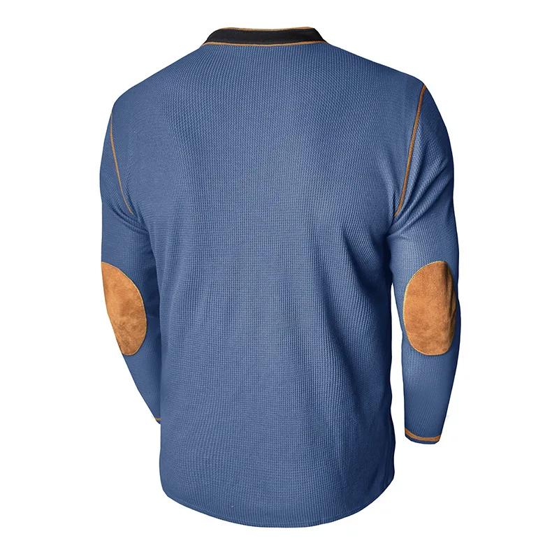 Men's Long Sleeve Stand Collar Henry Tshirt Casual Cotton Patchwork T-Shirt Autumn Winter Base Layer Shirt American Retro Tees