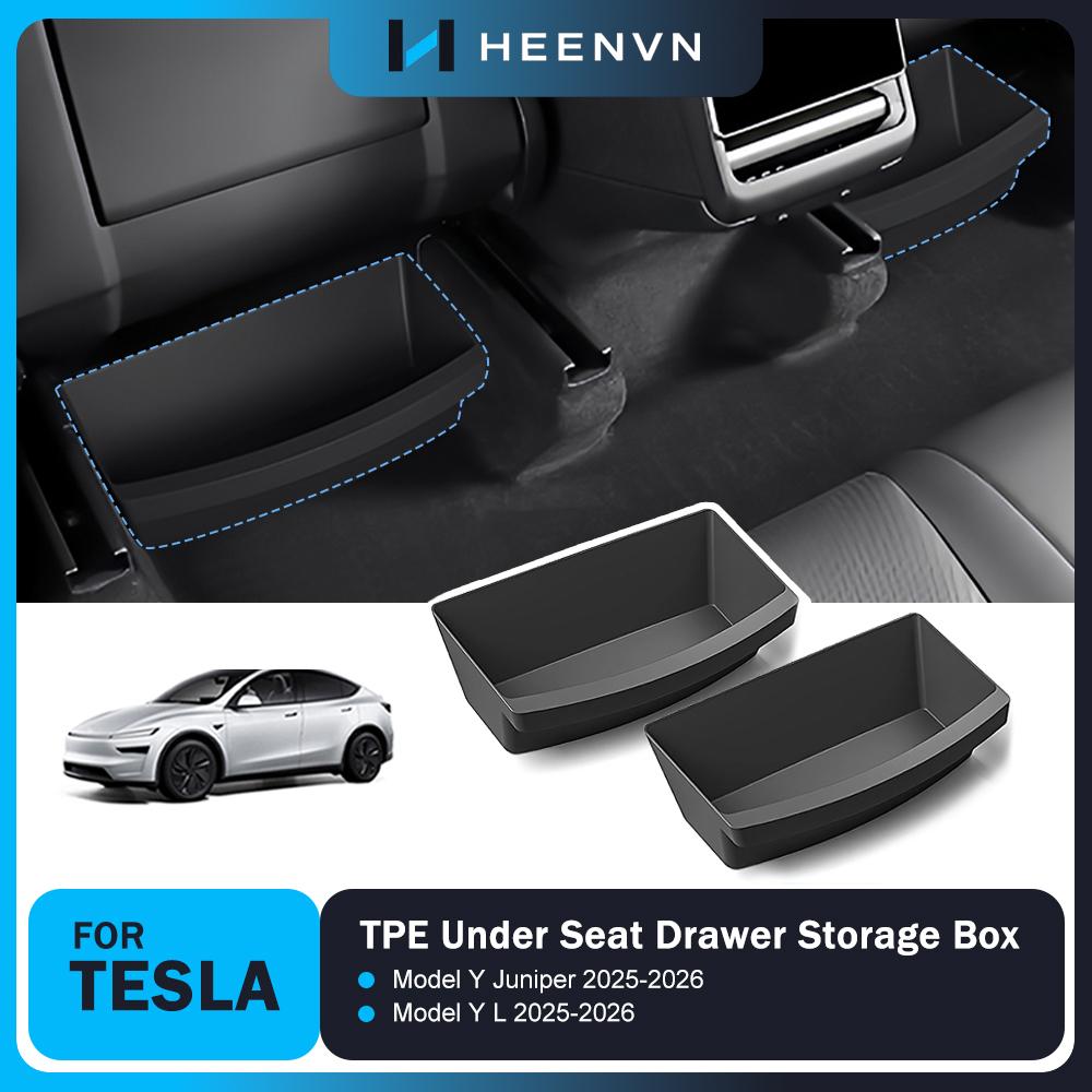 Heenvn For Tesla Model Y Juniper Model YL 2025 2026 2Pcs TPE Car Under Seat Storage Box Case Organizer Underseat Drawer Tray