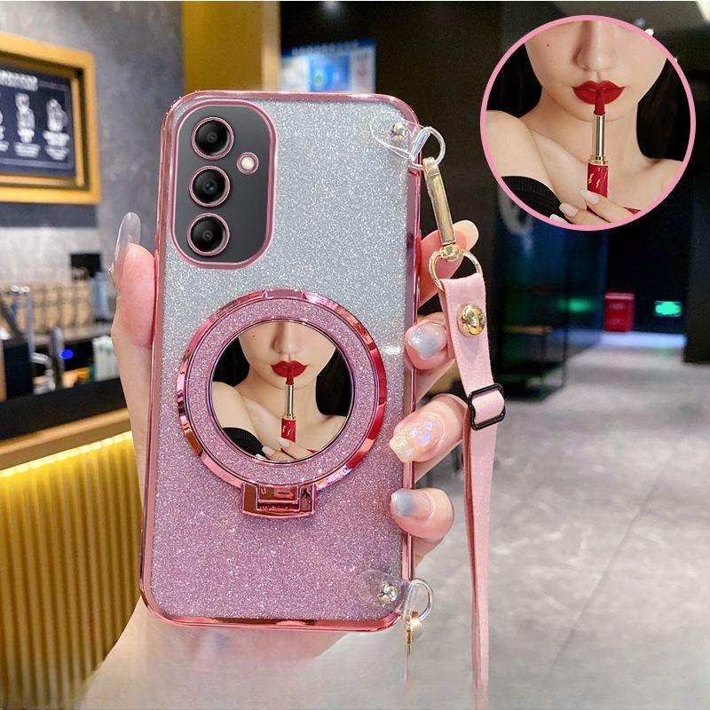 

Ремешок через плечо, зеркало, магнитный держатель-подставка, чехол для Samsung S24 S23 S22 Ultra A05S A15 A25 A35 A55 A54 A34 A24 A14 A13 A23 A33 A53 Honor Magic 6pro розовый