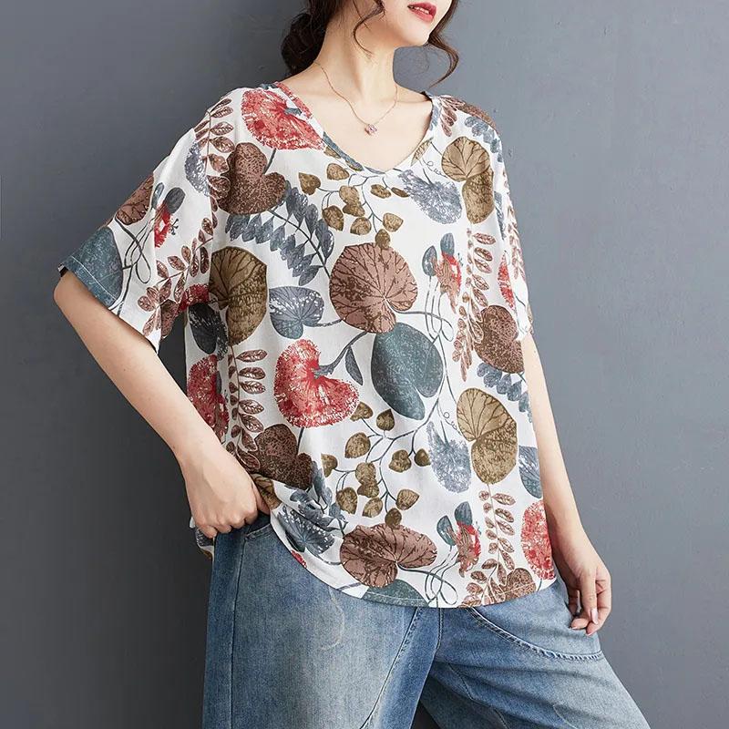 T-shirt damski letni duży rozmiar bawełniany T-shirt miękki luźny z nadrukiem casualowy wygodny wkładany T-shirt top