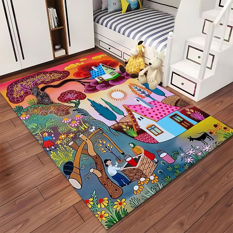 Bunter Zeichentrick-Dorfszene-Teppich mit Häusern, Bäumen und Tieren Geeignet für den Einsatz als Antirutsch-Matte für Wohnzimmer, Schlafzimmer, Sofas