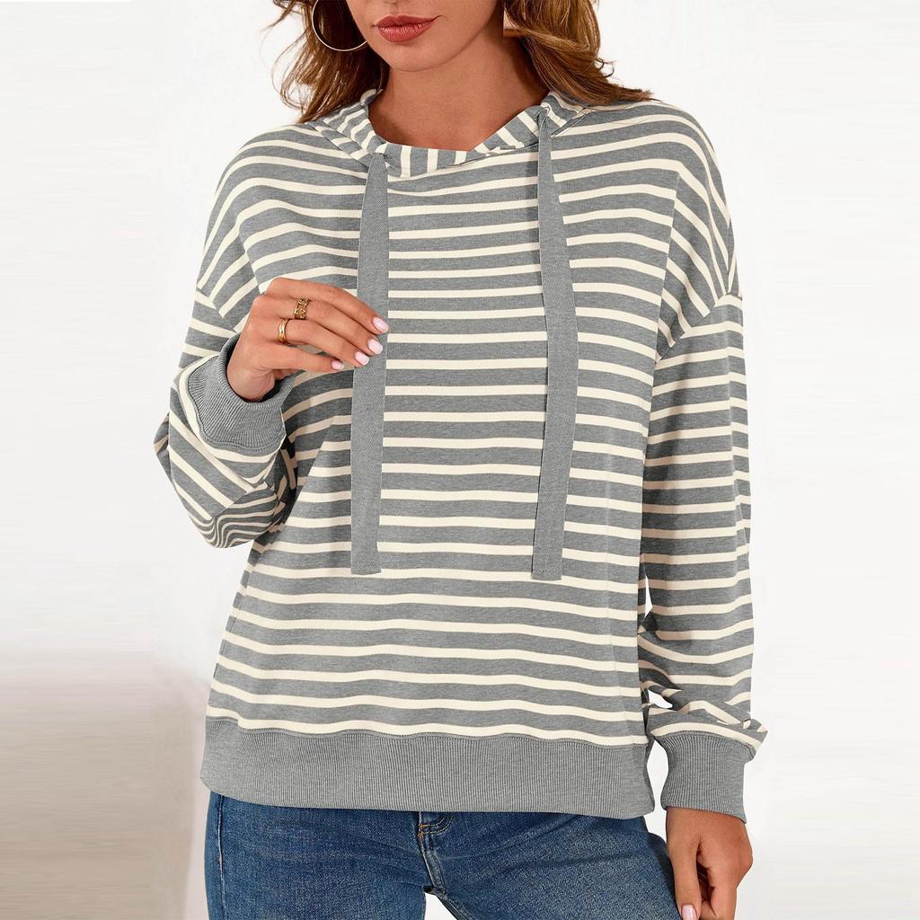 Damen Gestreiftes Kapuzen Sport Casual T-Shirt Sweatshirt