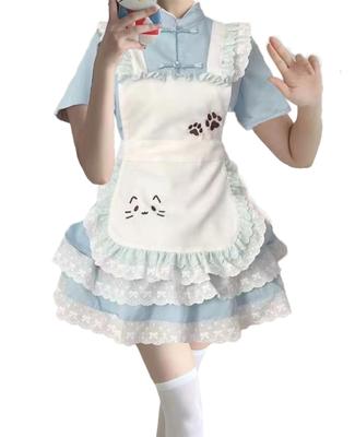 QOOLY Cosplay Maid Dress, Lolita Costume, Short Sleeves, Uniform, Light Blue, Size L