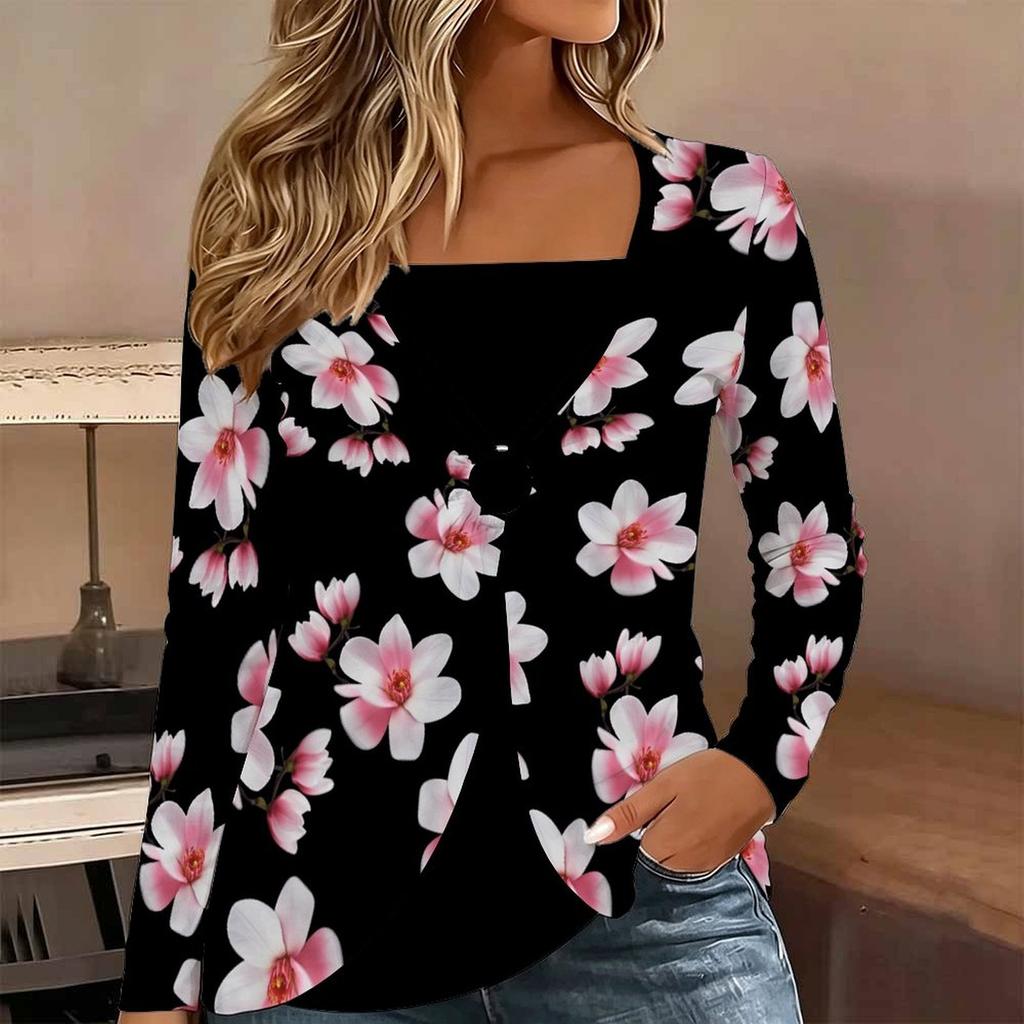 Tops for Women  Floral Print Long Sleeve Fake Two‑Piece Top Fall Casual Slim Pullover Women's Long Sleeve Top