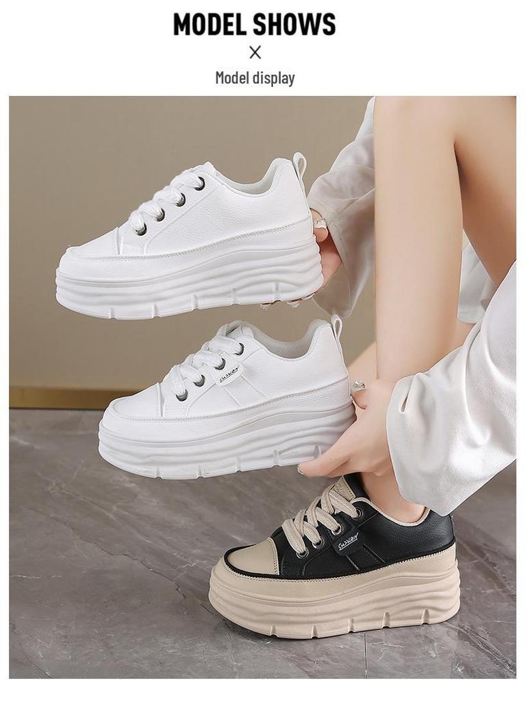 W3616 Autumn 2024 White Thick-Soled Board Shoes – Durable, Height-Enhancing, Solid Color and Trendy Casual Footwear for Students