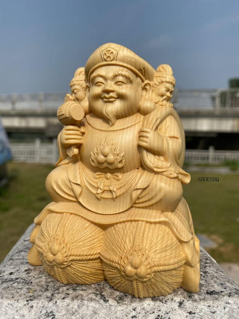 15cm Wooden Carved Buddha Made from Premium Cypress A guardian deity of career business and protection from Statue, Three-Faced Daikokuten, Wood.