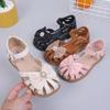 Girls Sandals 2024 Summer New PU Princess Hollow Covered Toes Kids Fashion Bow with Big Pearl Soft Simple Children Casual Shoes