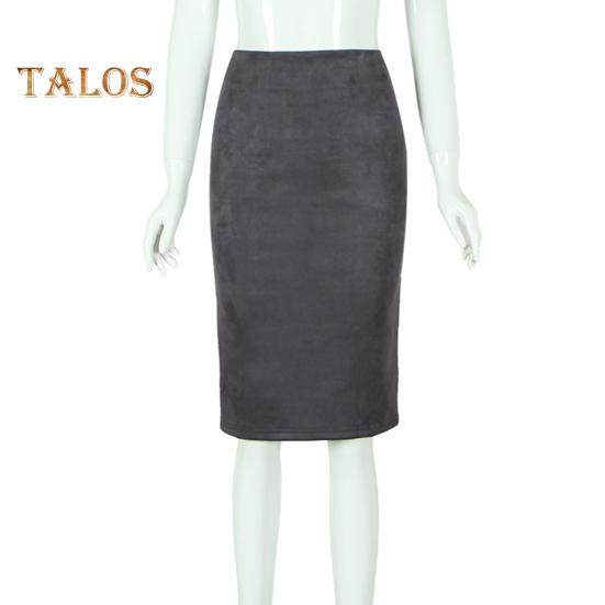 Fusta creion pentru femei, cu talie înaltă, cu șold înfășurat, de culoare uni, din piele de căprioară, cu design cu fantă în spate, cu fermoar, până la genunchi.