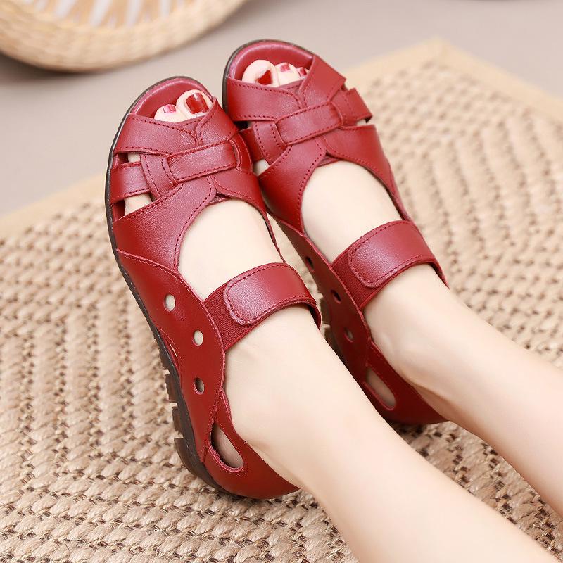 Fashion GKTINOO Women's Sandals Summer Genuine Leather Handmade Ladies Flats Sandals Women Soft Bottom Casual Non-slip Flat Mother Shoes