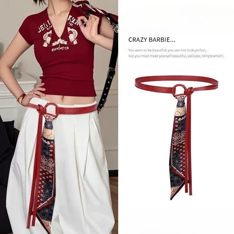 Red belt accessory - women's silk scarf with belt. Fall/Winter high-end denim pants decoration. American retro belt. Fine leather belt.