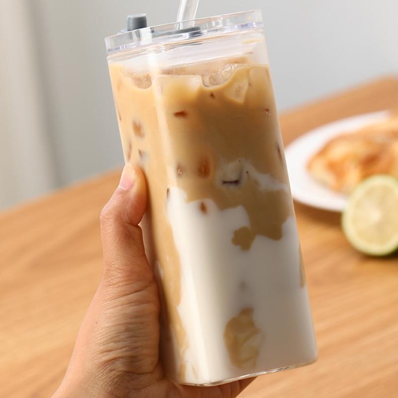 Heat Resistant Glass Cup with Straw 350ML Cold Drinks Cup Juice Cup Milk Cup with Lid Glass Texture Suitable for Drinks